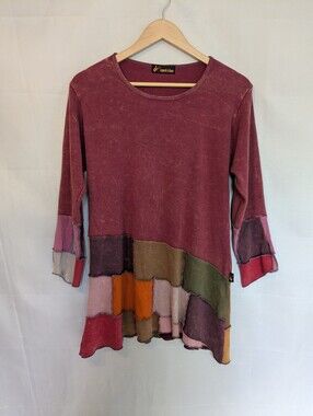 Vintage Leopards And Roses Patchwork Tunic Top Cotton Rib Dark Pink Multi L